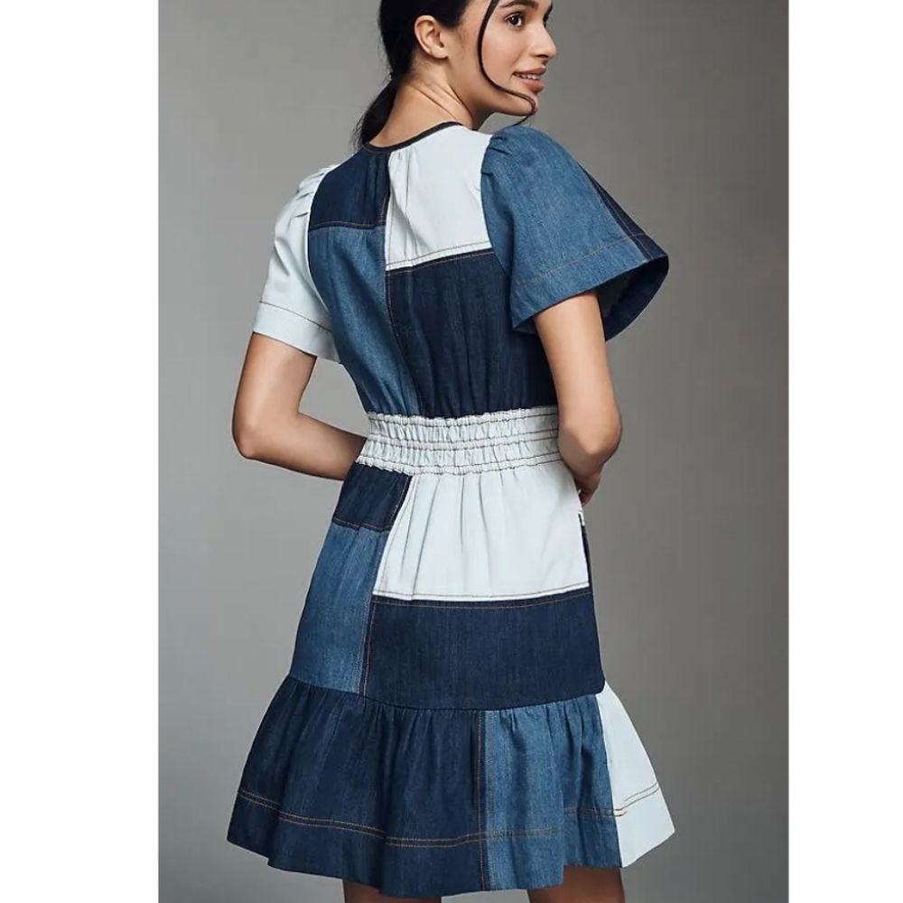 Anthropologie | The Somerset Demin Blue Patchwork Dress Medium - Picture 3 of 16